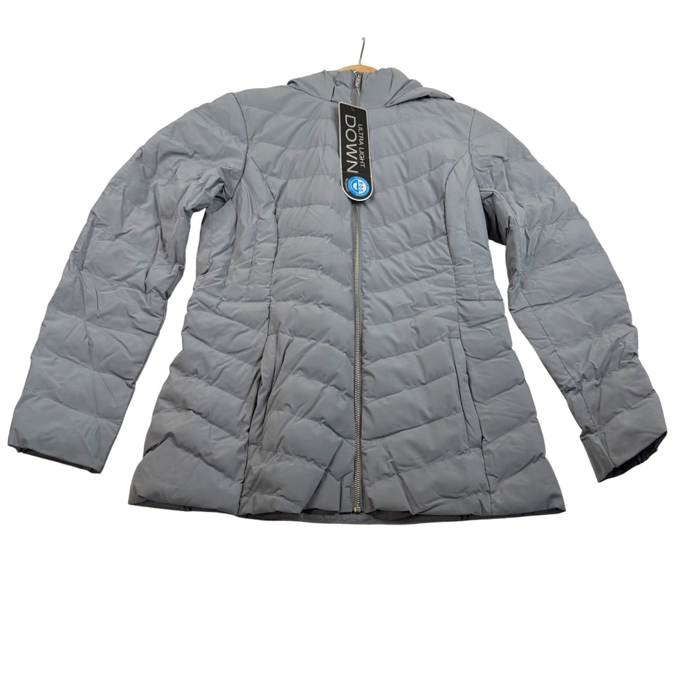 32 Degrees Heat Womens Ultra Light Down Puffer Jacket Grey Hooded 650 Fill Small